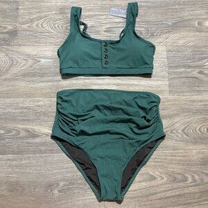 Summer Mae Two Piece Maternity Bikini Set Ribbed Teal Green High Waisted Bottoms